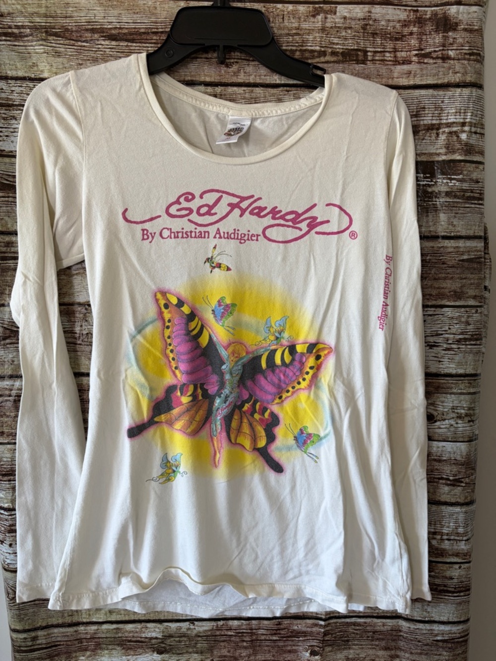 Ed Hardy White Long Sleeve Tee with Pink, Yellow & Blue Butterfly